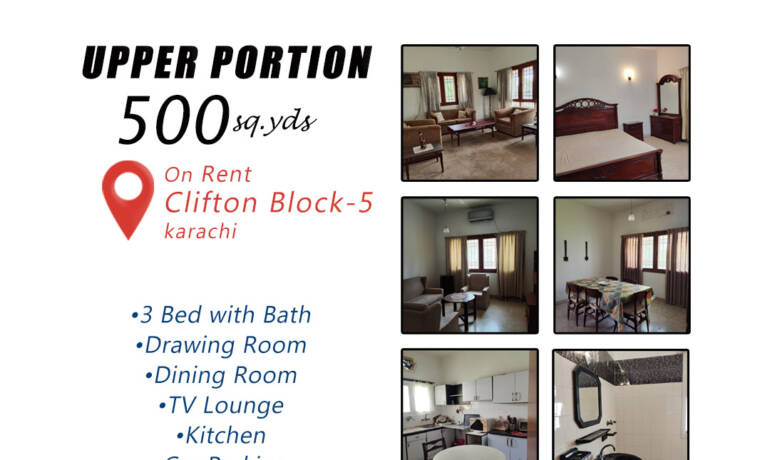 fully furnished upper portion of a bungalow for rent 500 square yards in Block 5, Clifton, Karachi.