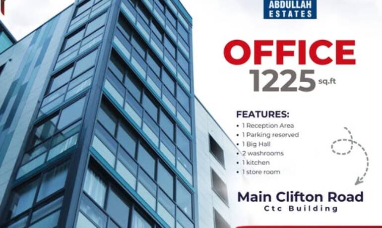 Abdullah Estates Offer’s Office for Sale – 1225 sq.ft at CTC Building Clifton Road Karachi